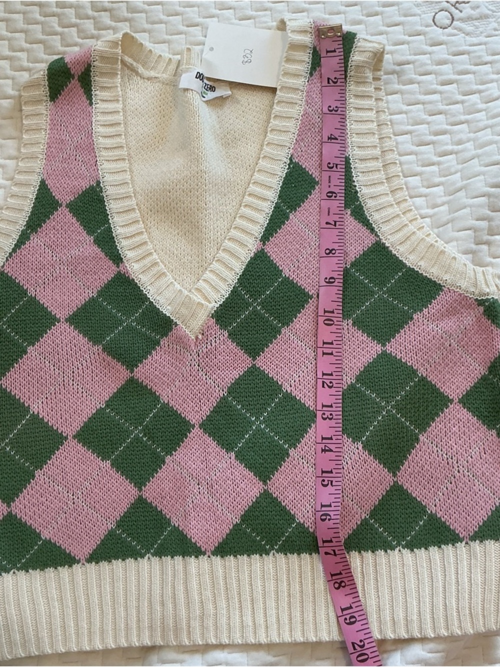 NWT Double Zero Argyle Crop Sweater Vest Pink Green Ivory Size L Preppy - Picture 7 of 7